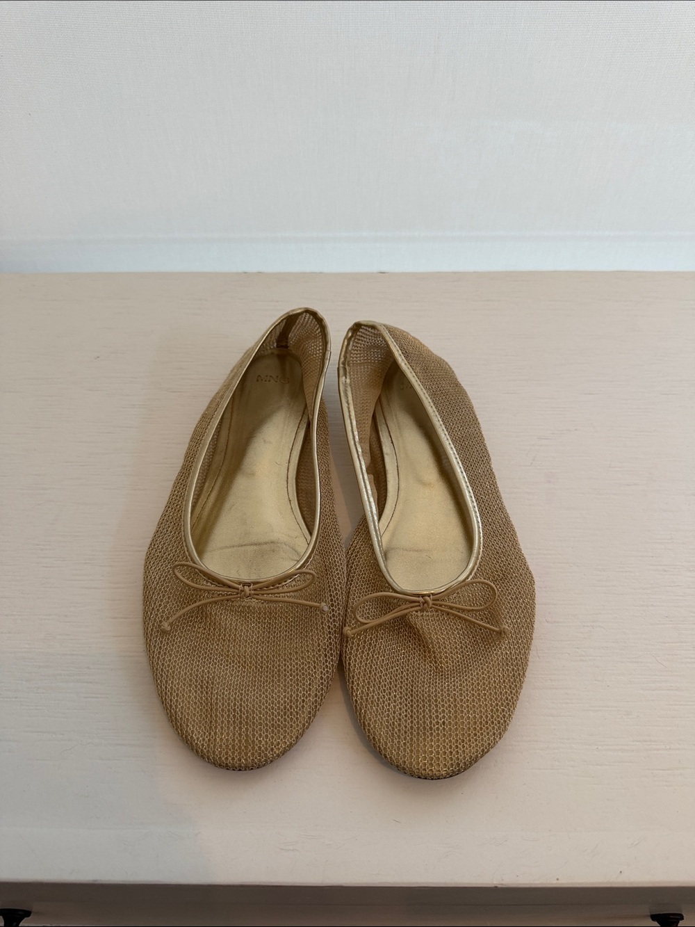 MANGO Women’s Tan Gold Mesh Ballet Flats with Bow Size 9